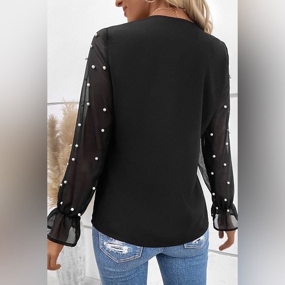 Black Pearl Mesh Flounce Sleeve V Neck Blouse - Picture 3 of 15